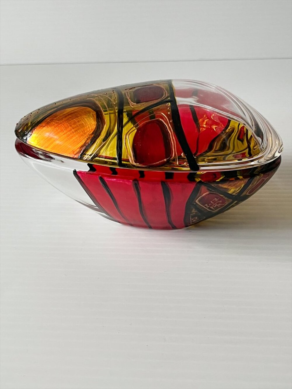 Studio Art Glass Lidded Bowl Abstract Freeform Abstract Red Gold Black Signed